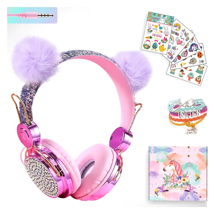  Girls Purple Pompon Wired HeadphonesCute 