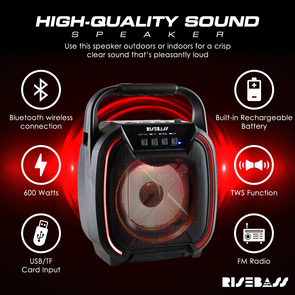 8" 600 watt Speaker - Portable Wireless Bluetooth 