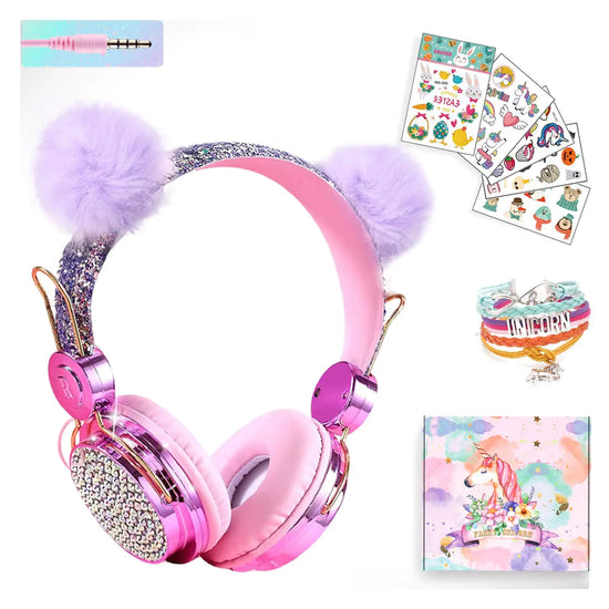  Girls Purple Pompon Wired HeadphonesCute 