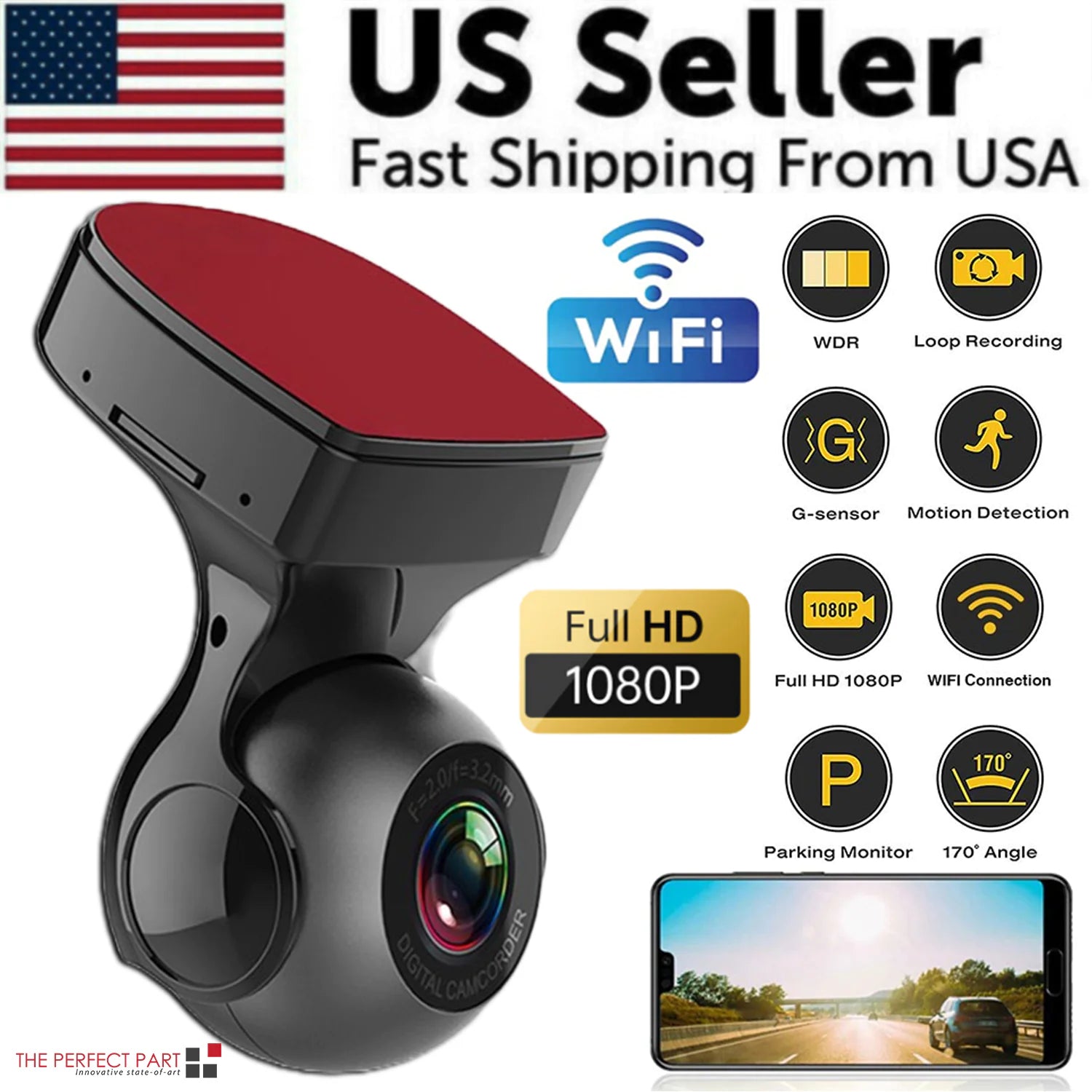170 Degree WiFi Dash Cam HD 1080P with G-Sensor