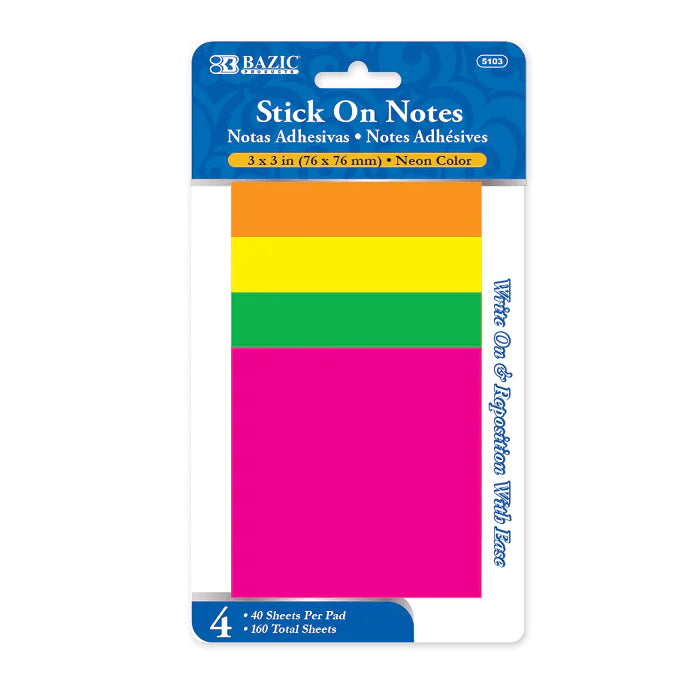 40 Count 3x3 Neon Sticky Notes Pack for Office and School Use